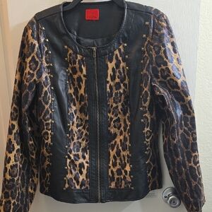 V Cristina Leopard Print Faux Leather Moto Jacket Size L